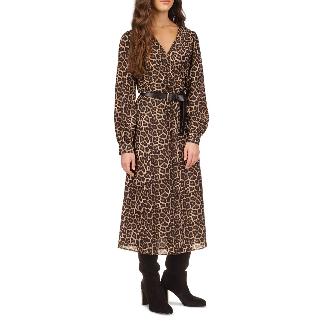Michael Michael Kors Kate Cheetah Print V-Neck Long Sleeve Belted A-Line Dress